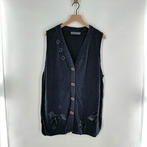 Blue Fish Long Artisan Clock‎ Artsy Button Down Knit Long Sweater Vest Size 0S